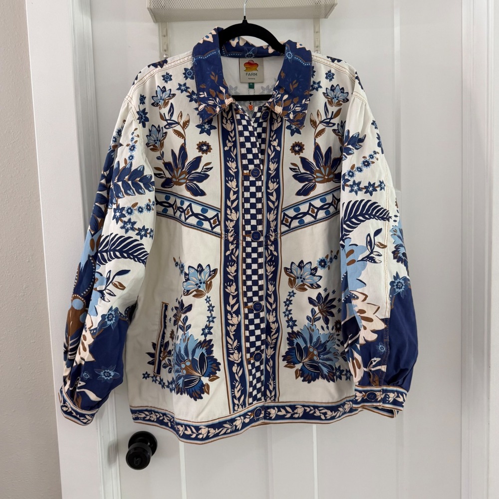 Farm Rio Ana Tapestry Tropical Jacket Off-White Blue Floral XL NEW Boho Ecletic
